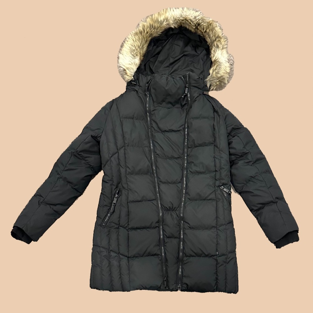 Women's Black Puffer Jacket with Faux Fur Hood